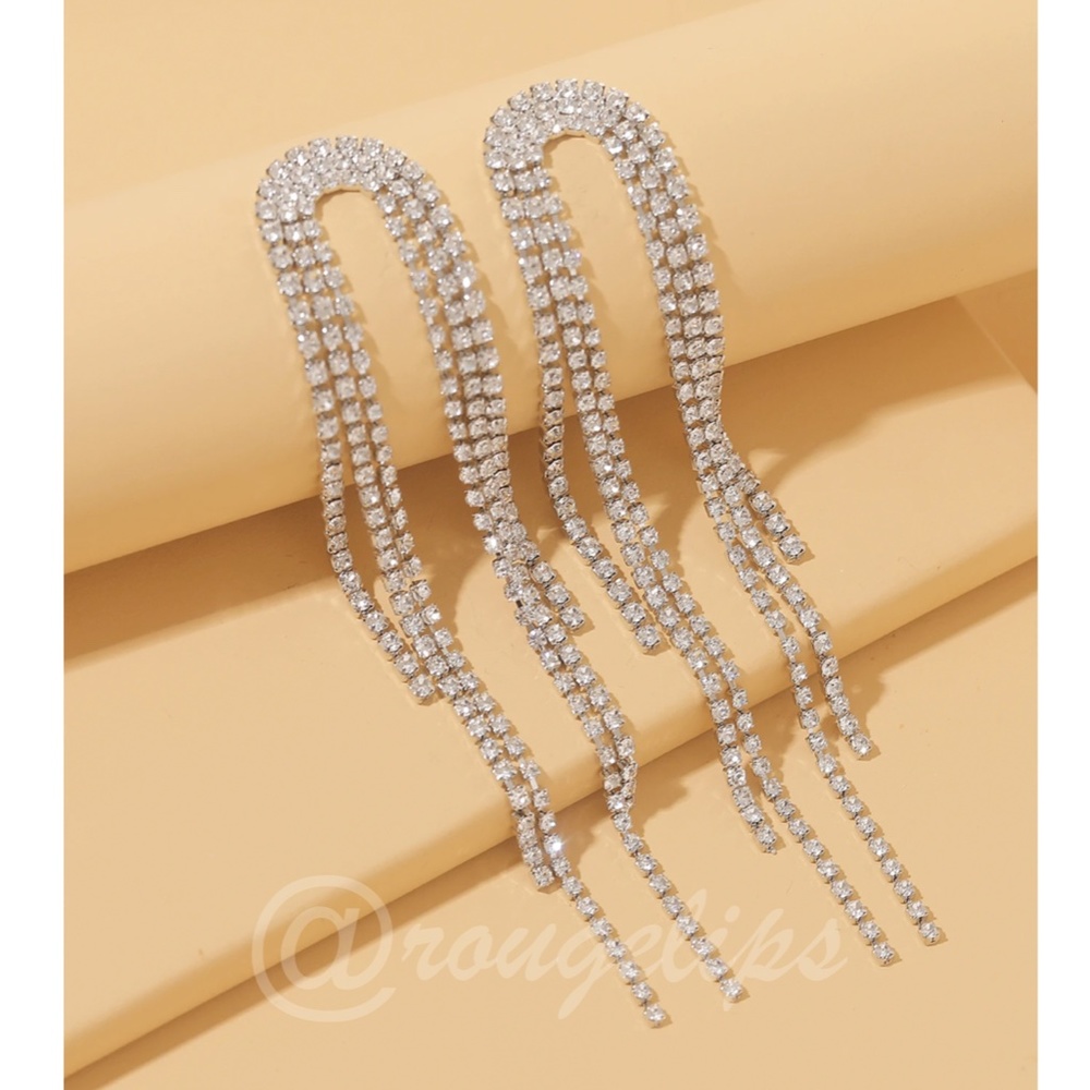 Rhinestone Tassel Drop Earrings Long Silver Tone - Picture 2 of 4